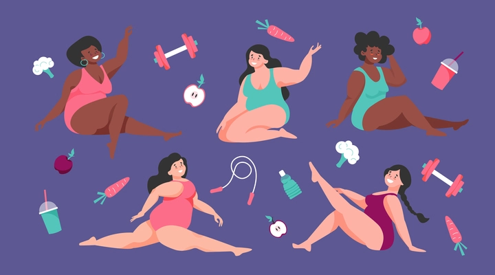 Body positive icon set with isolated images of light food gym dumbbells and plus size women vector illustration