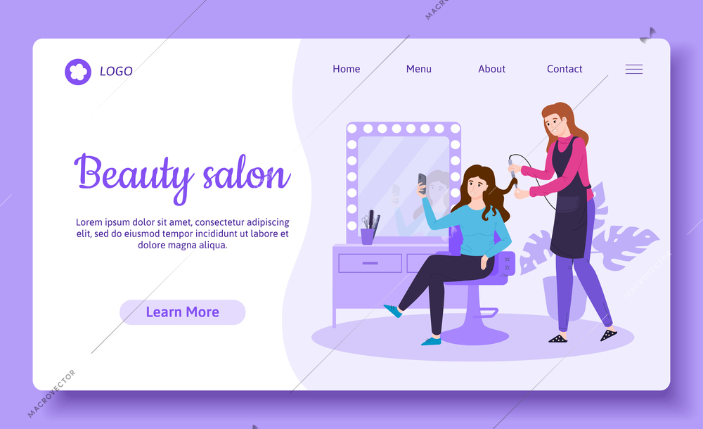 Flat beauty salon web site landing page with female client and hairdresser curling her hair vector illustration