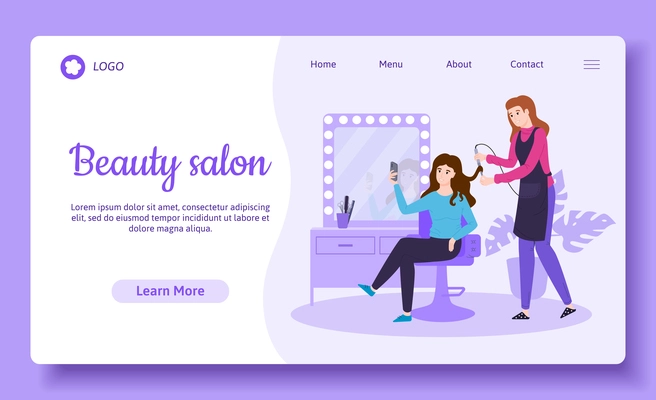 Flat beauty salon web site landing page with female client and hairdresser curling her hair vector illustration