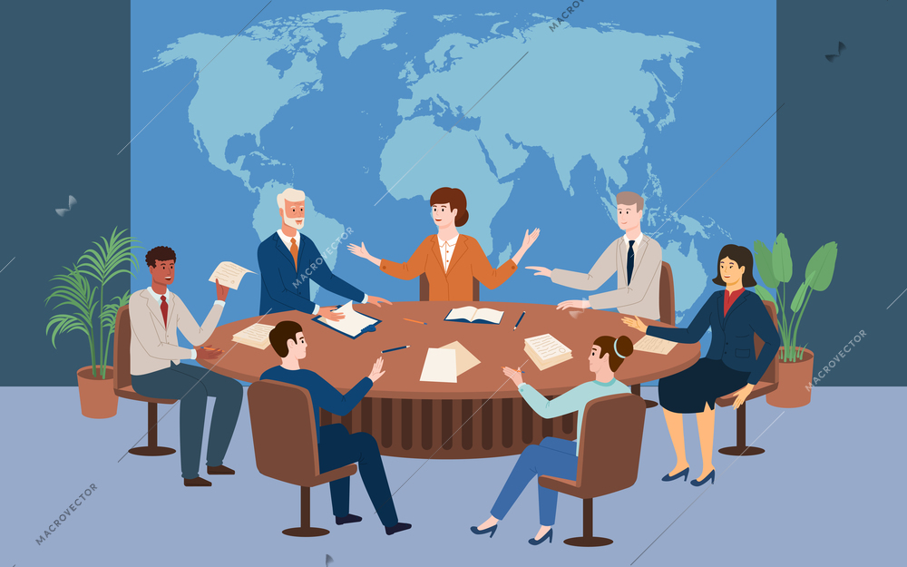 Politicians having meeting at round table on background with world map flat vector illustration