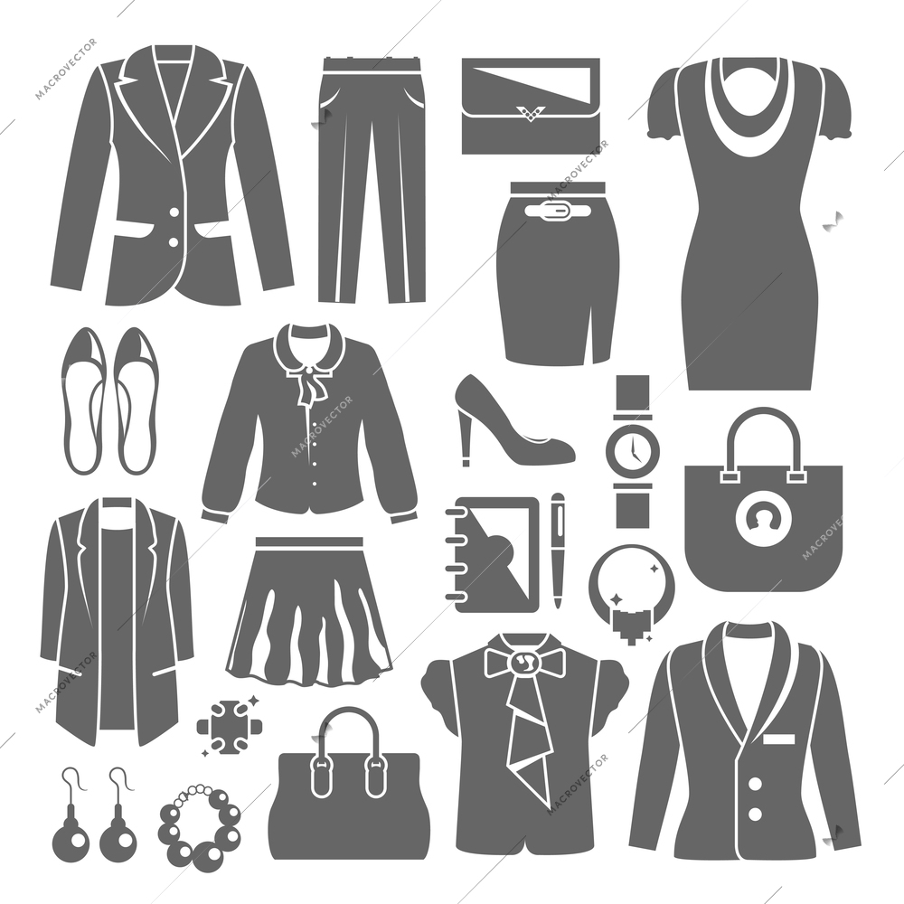 Businesswoman clothes set with high heel shoes bag dress isolated vector illustration