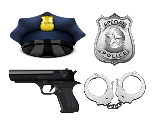 Police equipment realistic set with isolated images of pistol gun officers cap shield and hand cuff vector illustration