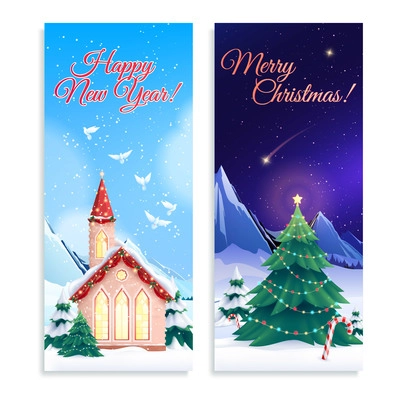 Set of two vertical christmas houses banners with winter landscapes new year decorations and ornate text vector illustration