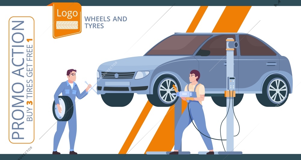 Flat tire service horizontal banner with two mechanics changing car tyres or wheels vector illustration