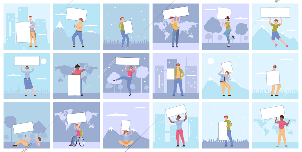 Set of flat compositions with people holding blank banners and placards on background with various outdoor landscapes and cityscapes isolated vector illustration