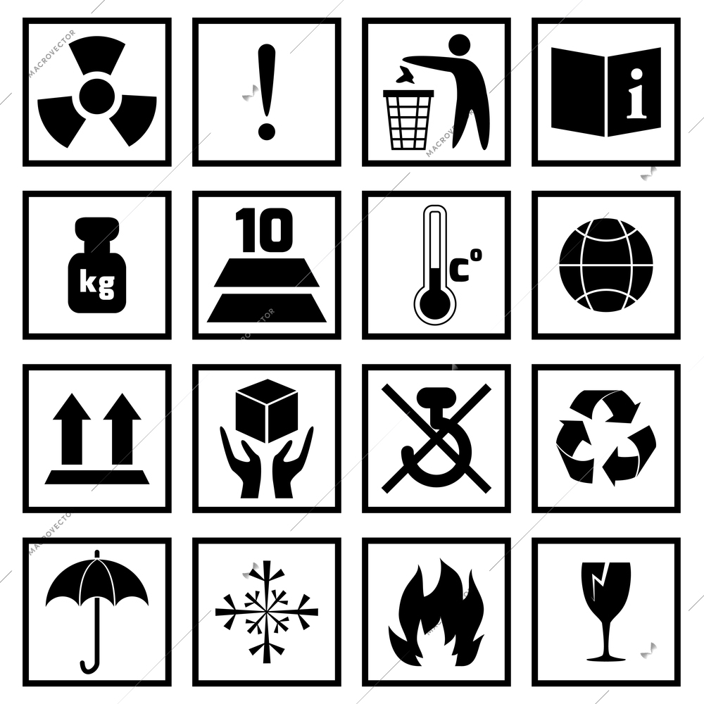 Packing symbols fragile handling and protection black icons set isolated vector illustration