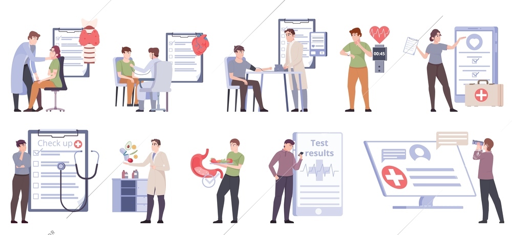 Preventive medicine flat set with people having medical check up getting test results isolated vector illustration