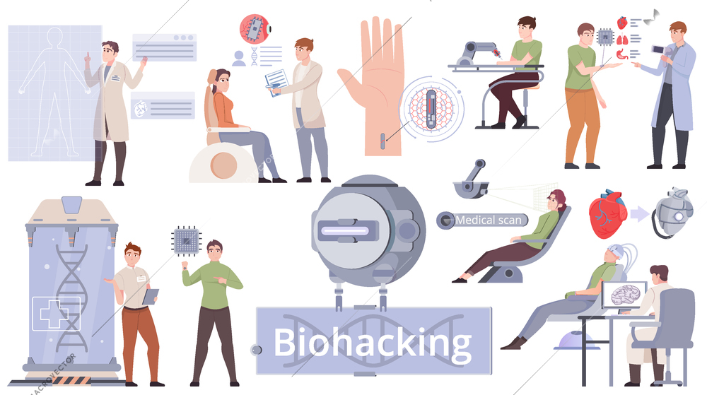 Biohacking set with people doing research and tests with innovative equipment to extend life span and improve health flat isolated vector illustration