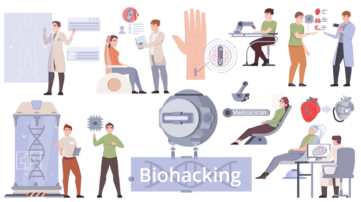 Biohacking set with people doing research and tests with innovative equipment to extend life span and improve health flat isolated vector illustration