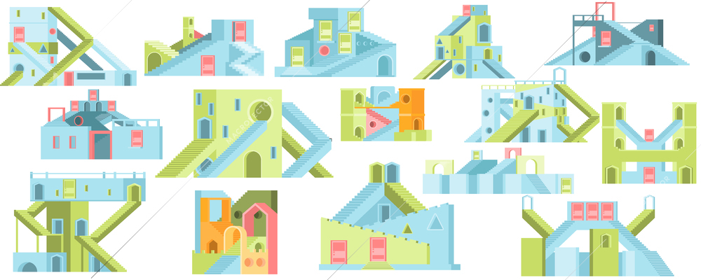 Flat set of colorful mazes and labyrinths with numerous stairs windows and doors isolated on blank background vector illustration