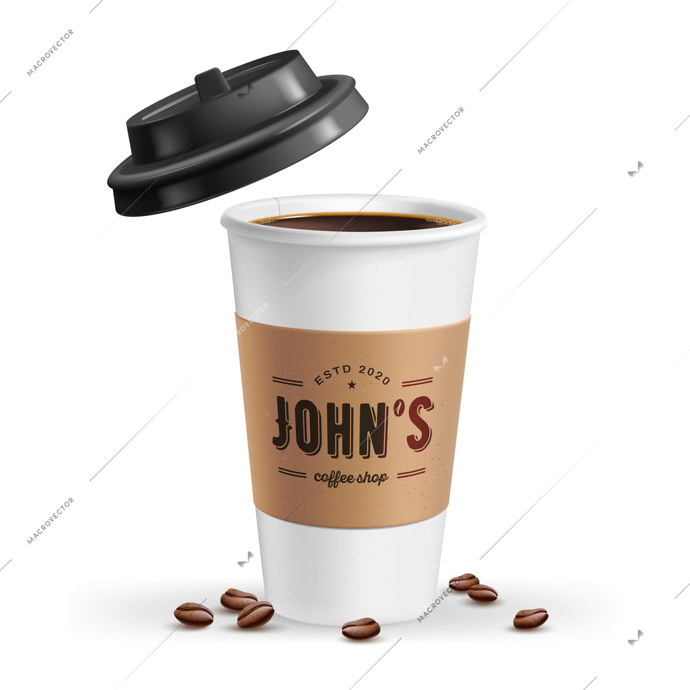 Coffee cup and beans realistic concept with cafe symbols vector illustration