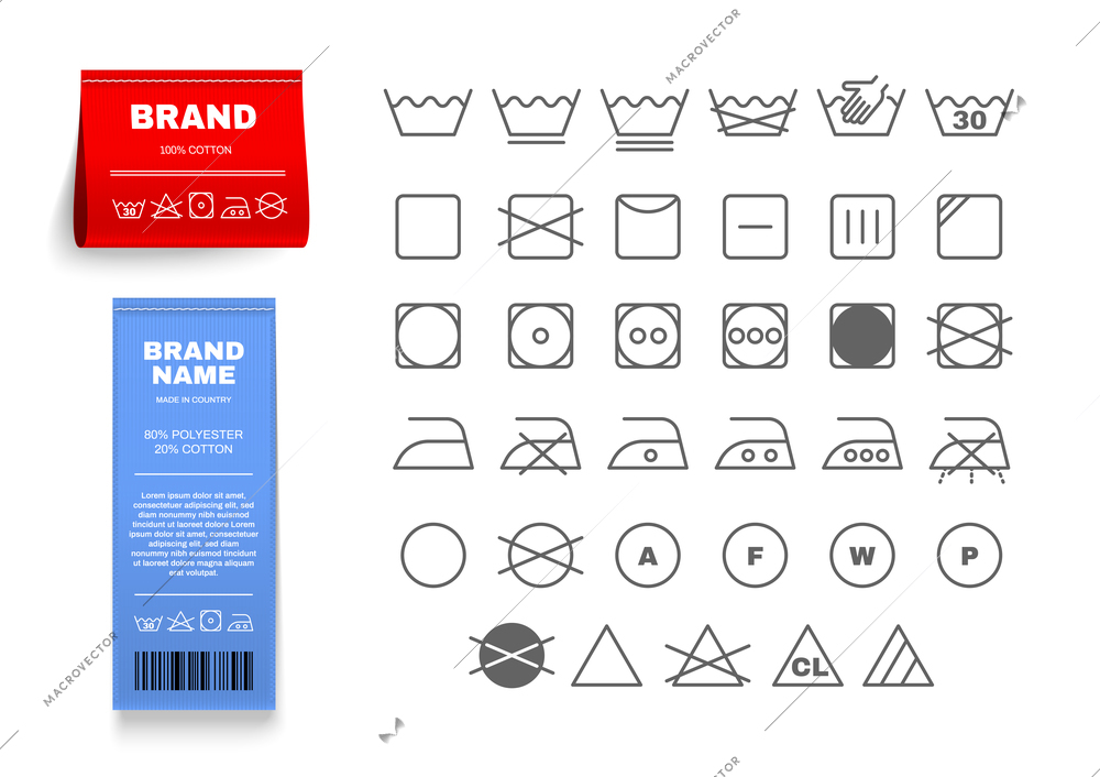 Laundry labels tag realistic set with ironing symbols isolated vector illustration