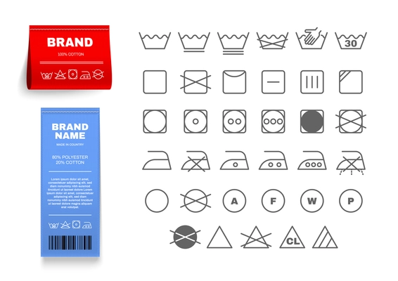 Laundry labels tag realistic set with ironing symbols isolated vector illustration