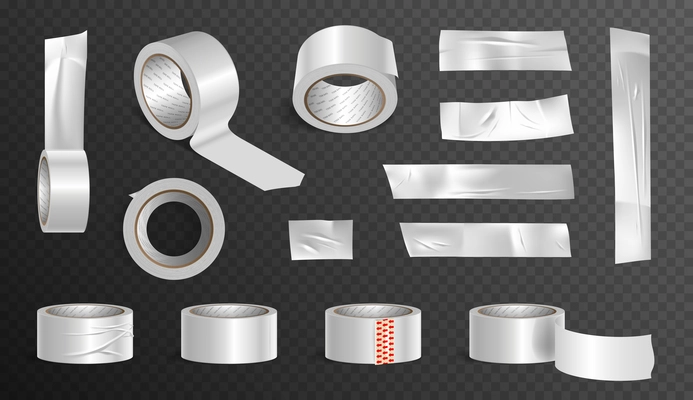Tape roll pieces realistic transparent set with packaging symbols isolated vector illustration