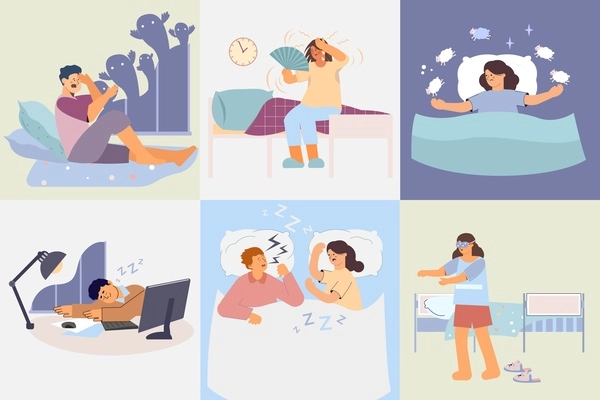 Sleeping set of six square compositions with flat cartoon style human characters trying to sleep well vector illustration