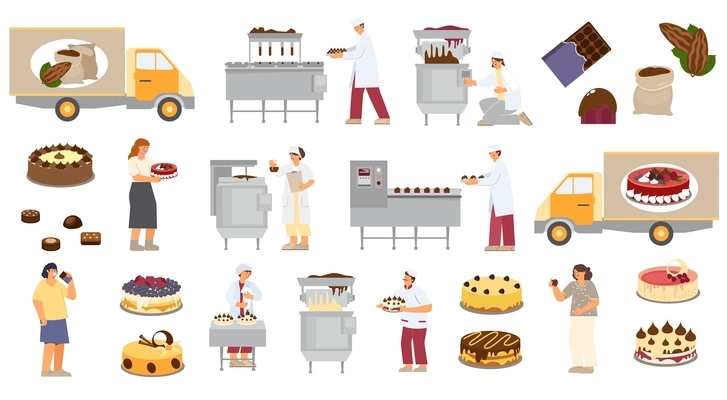 Sweet factory set with flat icons of cakes and cocoa products with industrial facilities and people vector illustration