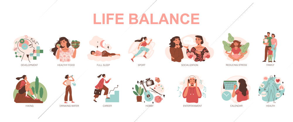 Life balance color set of healthy food sport full sleep family career socialization entertainment flat compositions isolated vector illustration