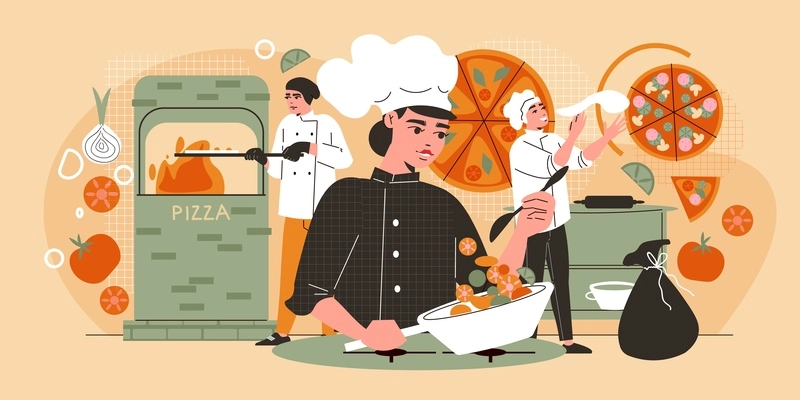 Professional cooking horizontal background with staff characters working in restaurant kitchen flat vector illustration