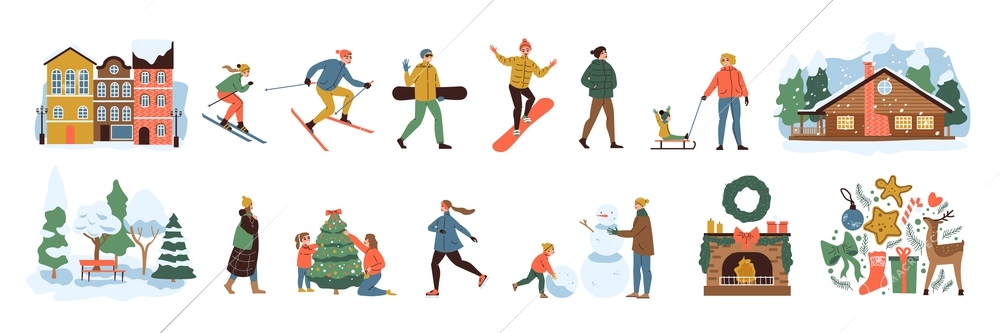 Winter flat color icons set of people vacationing outdoors in city and rural area isolated vector illustration