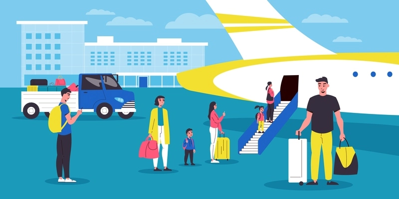 Tourists boarding in airplane flat background with passengers entering on aircraft ramp vector illustration