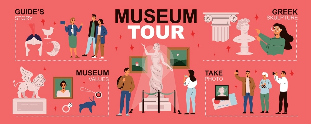 Museum tour infographics layout with visitors looking exhibits ancient values and listening guide story flat vector illustration