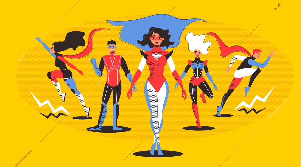 Superhero horizontal illustration with young  running people dressed in colorful superhero costumes on yellow background flat vector illustration