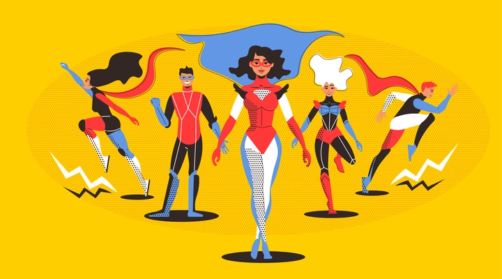 Superhero horizontal illustration with young  running people dressed in colorful superhero costumes on yellow background flat vector illustration