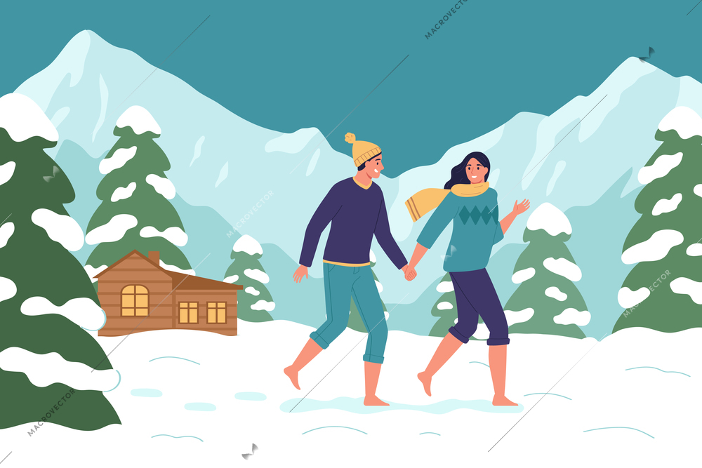 Healthy life hardening composition with outdoor winter landscape mountains house and couple running barefoot on snow vector illustration