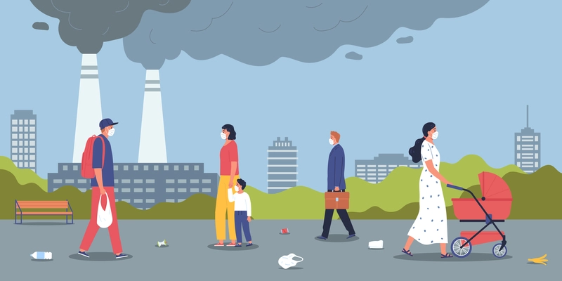 Ecology pollution composition with outdoor city scenery and walking people with garbage on pavement and factory vector illustration