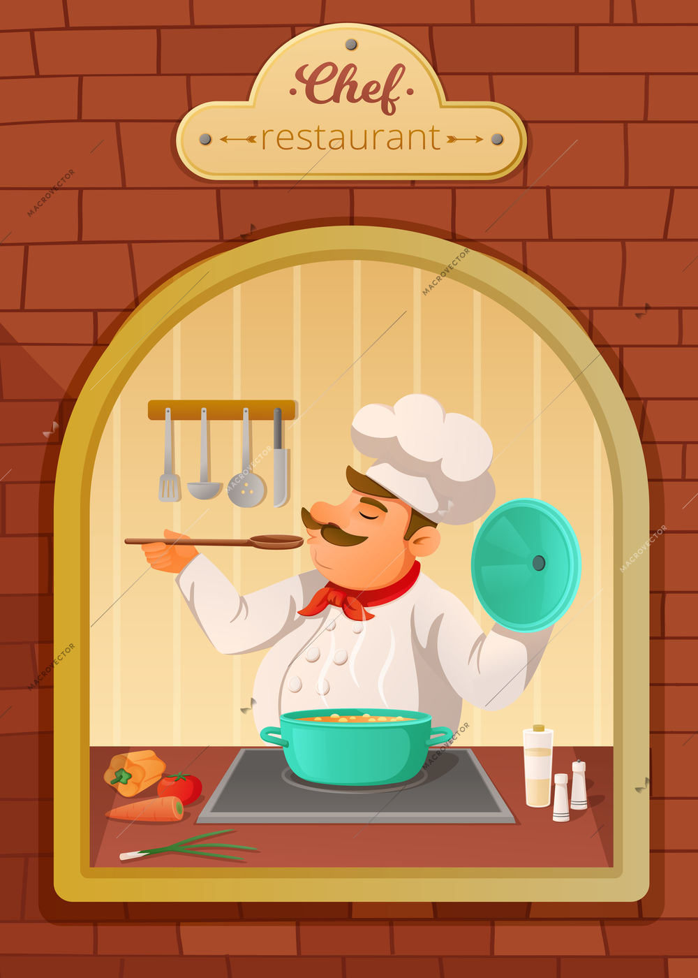 Professional cooking colored poster with chef character tasting soup at restaurant kitchen cartoon  vector illustration