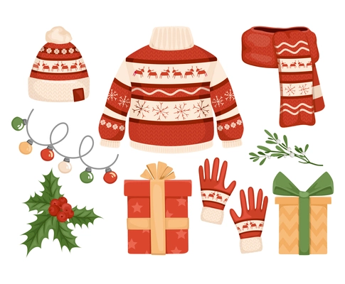 Handmade christmas sweaters set with isolated icons of new year festive decorations and handicraft clothes goods vector illustration