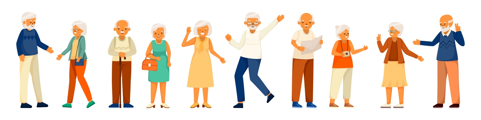 Cartoon elderly people happy life colored composition five pairs of adult men and women standing dancing and talking to each other vector illustration