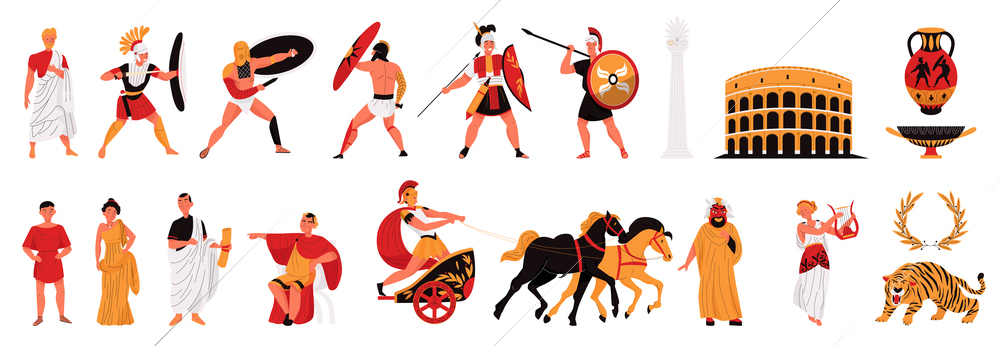 Flat color set with ancient roman people gladiators colosseum tiger laurel wreath amphora isolated on white background vector illustration