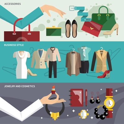 Businesswoman clothes banner set with accessories business style jewelry and cosmetics isolated vector illustration