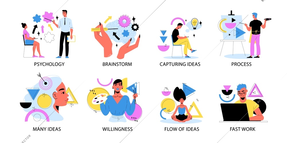 Creative coach set with psychology symbols flat isolated vector illustration