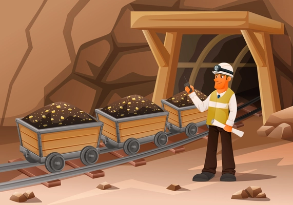 Mining miner cartoon composition with view of entrance with character of engineer and carts on rails vector illustration