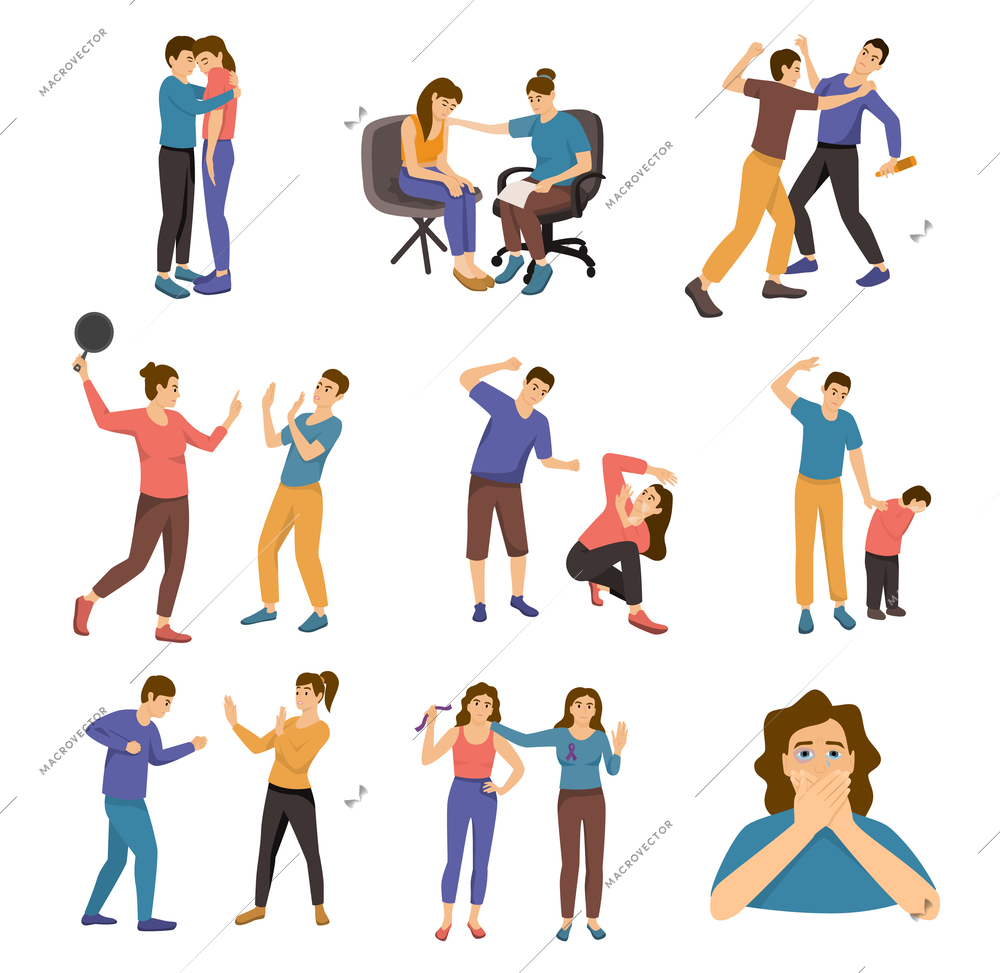 Domestic violence flat set of isolated icons with human characters of aggressive partners in crime scenes vector illustration