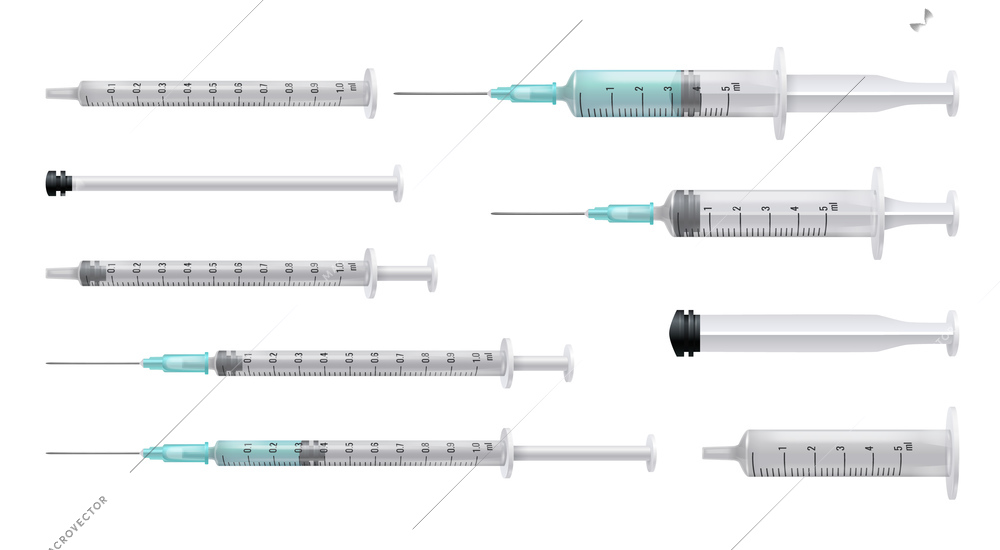 Medical tools realistic set of modern plastic syringes with drug and needle and isolated vector illustration