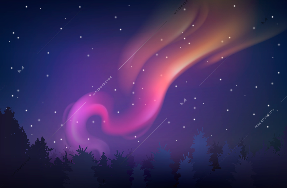 Purple northern lights in night starry sky at winter forest background realistic vector illustration