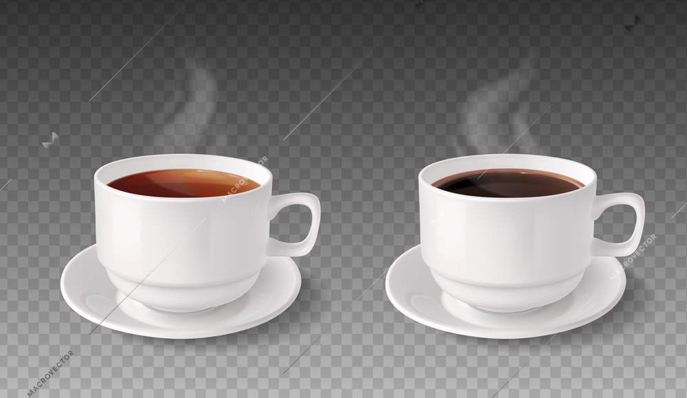 Two white cups of tea and coffee hot beverage with saucers on transparent background realistic set vector illustration