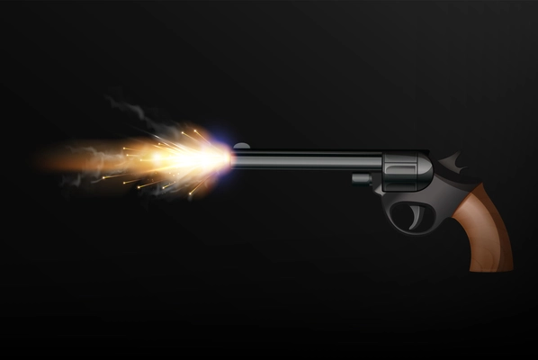 Realistic pistol shot flash with fire sparkles and smoke on black background vector illustration