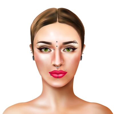 Beautiful young woman face with makeup and different types of piercing on white background realistic vector illustration