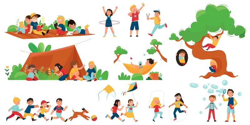 Outside summer tent children playing activity icon set children have fun running hula hooping flying kites and soap bubbles vector illustration