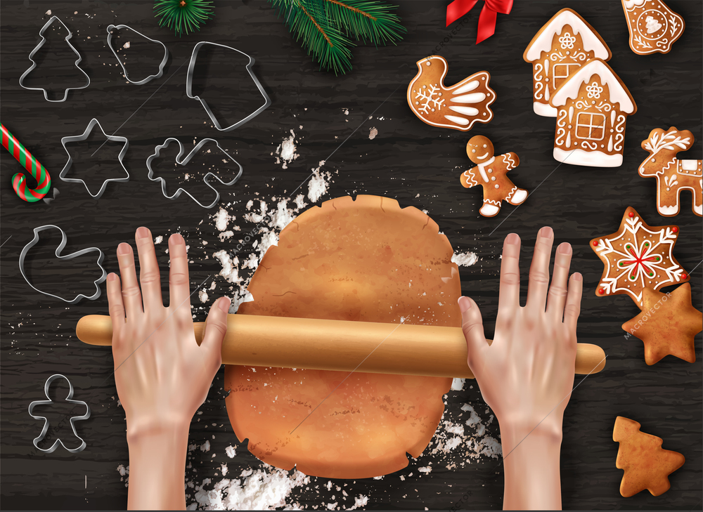 Realistic christmas cookies pastry composition the hands in the frame are rolling out the dough for Christmas cookies and there are cookie cutters on the table vector illustration