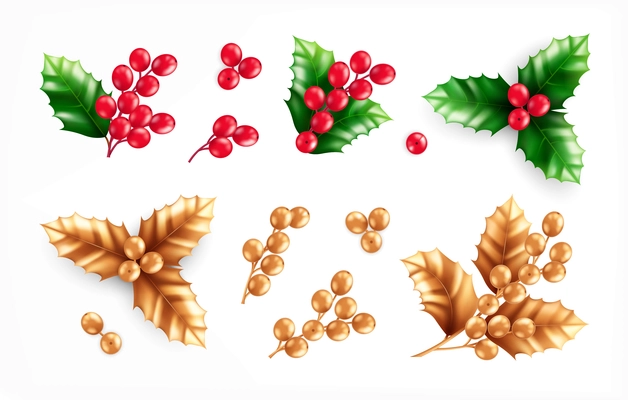 Set of isolated christmas decorations and plants icons with golden colored items and realistic berry clusters vector illustration