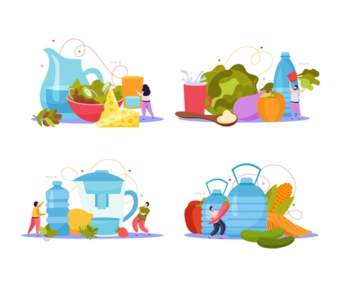 Drink water flat composition people and a healthy lifestyle with a proper diet of fruits vegetables and water vector illustration