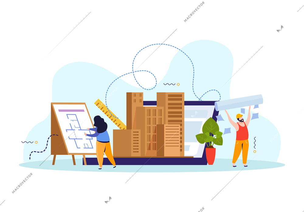 Flat colored architect composition woman architect in front of her layout and next to her attributes to create the project and present it to the client vector illustration