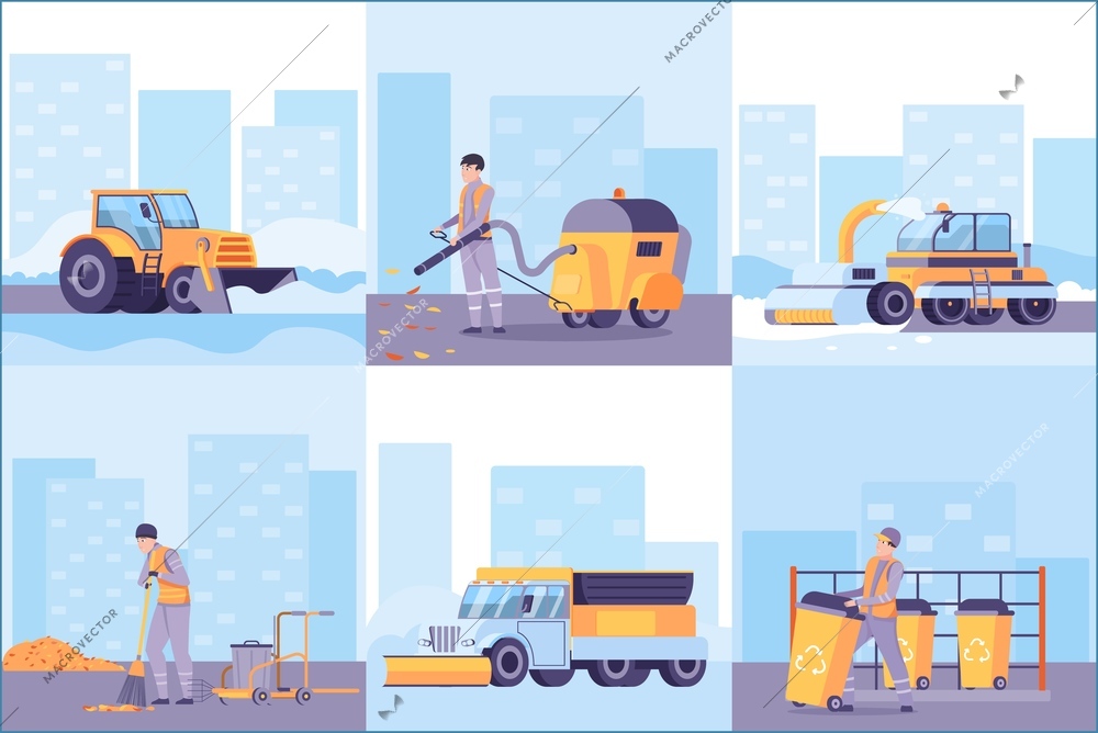 City cleaning flat square compositions with machinery and workers sweeping streets using broom and vacuum cleaner vector illustration