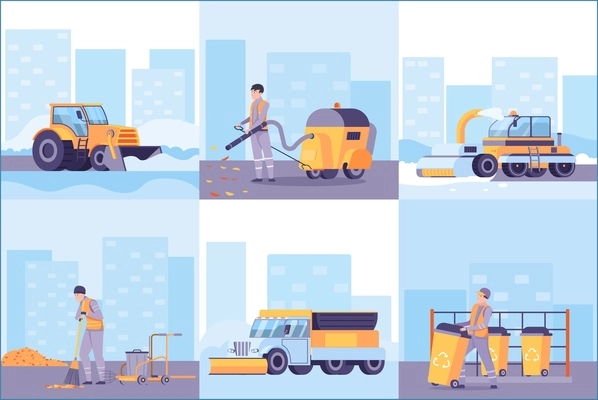 City cleaning flat square compositions with machinery and workers sweeping streets using broom and vacuum cleaner vector illustration