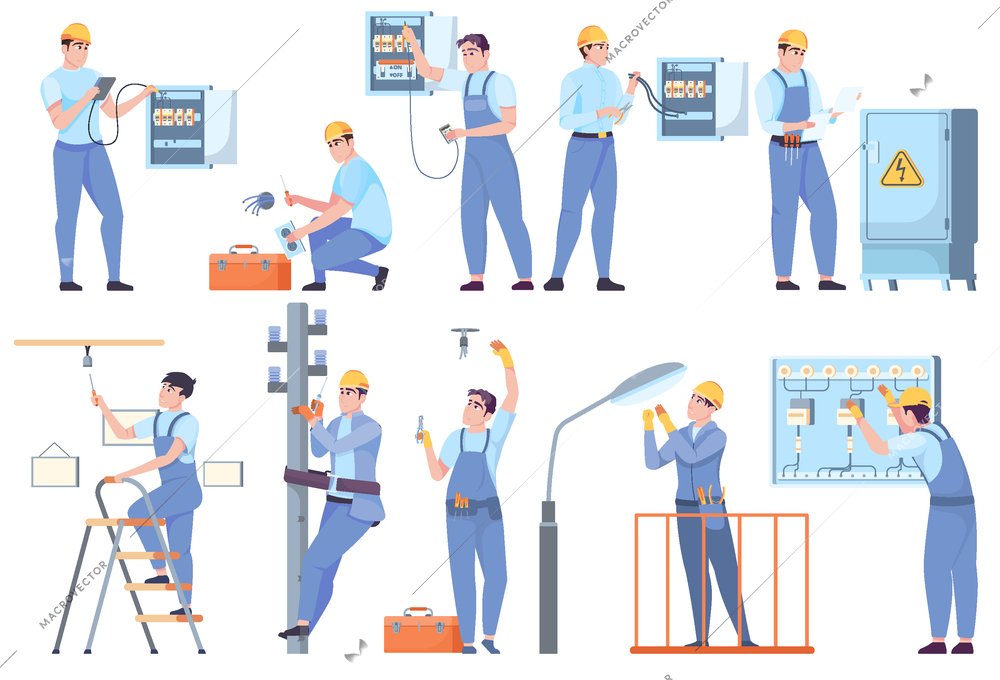 Electrician people flat set of  technicians working with electric switchboard and street lighting devices isolated vector illustration